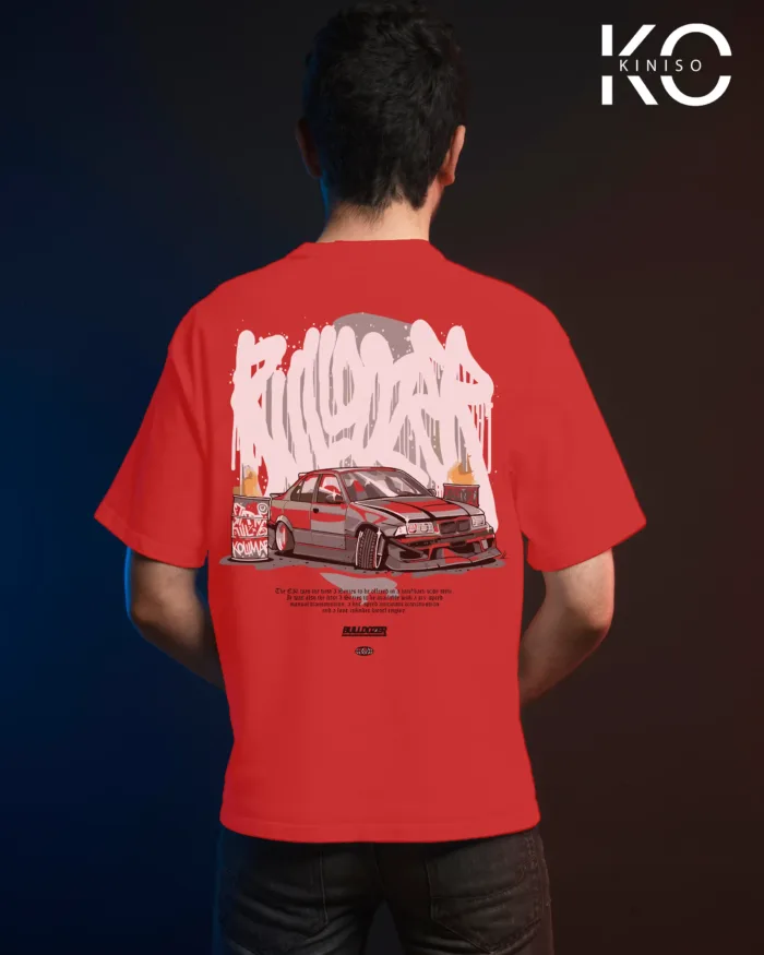 Image of Red color drop shoulder t-shirt with Bulldozer Print for men at reasonable price